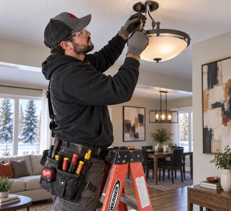 Electrician installing a ceiling light in a home